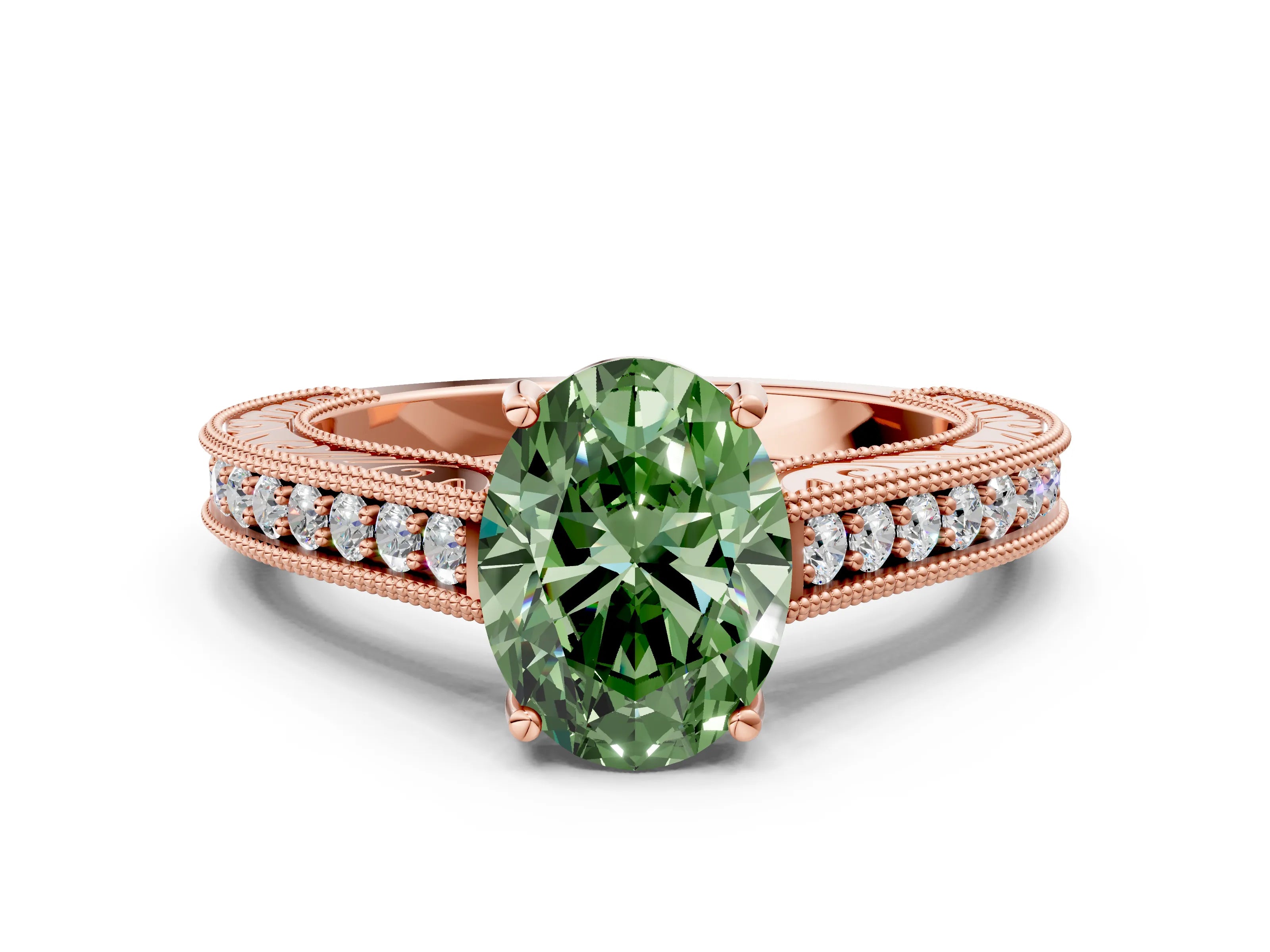 Rose gold Fancy Green Oval Cut Cut Pave Band Milgrain Solitaire Ring