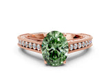 Rose gold Fancy Green Oval Cut Cut Pave Band Milgrain Solitaire Ring