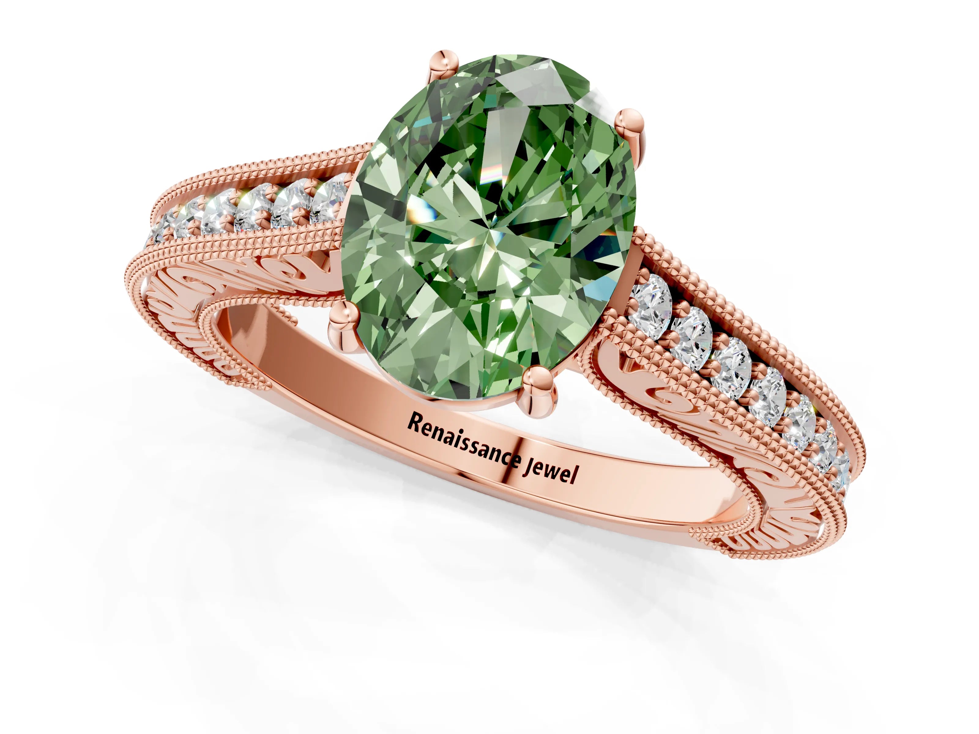 Rose gold Fancy Green Oval Cut Cut Pave Band Milgrain Solitaire Ring_1