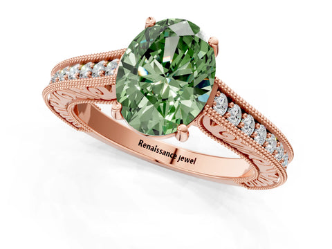 Rose gold Fancy Green Oval Cut Cut Pave Band Milgrain Solitaire Ring_1