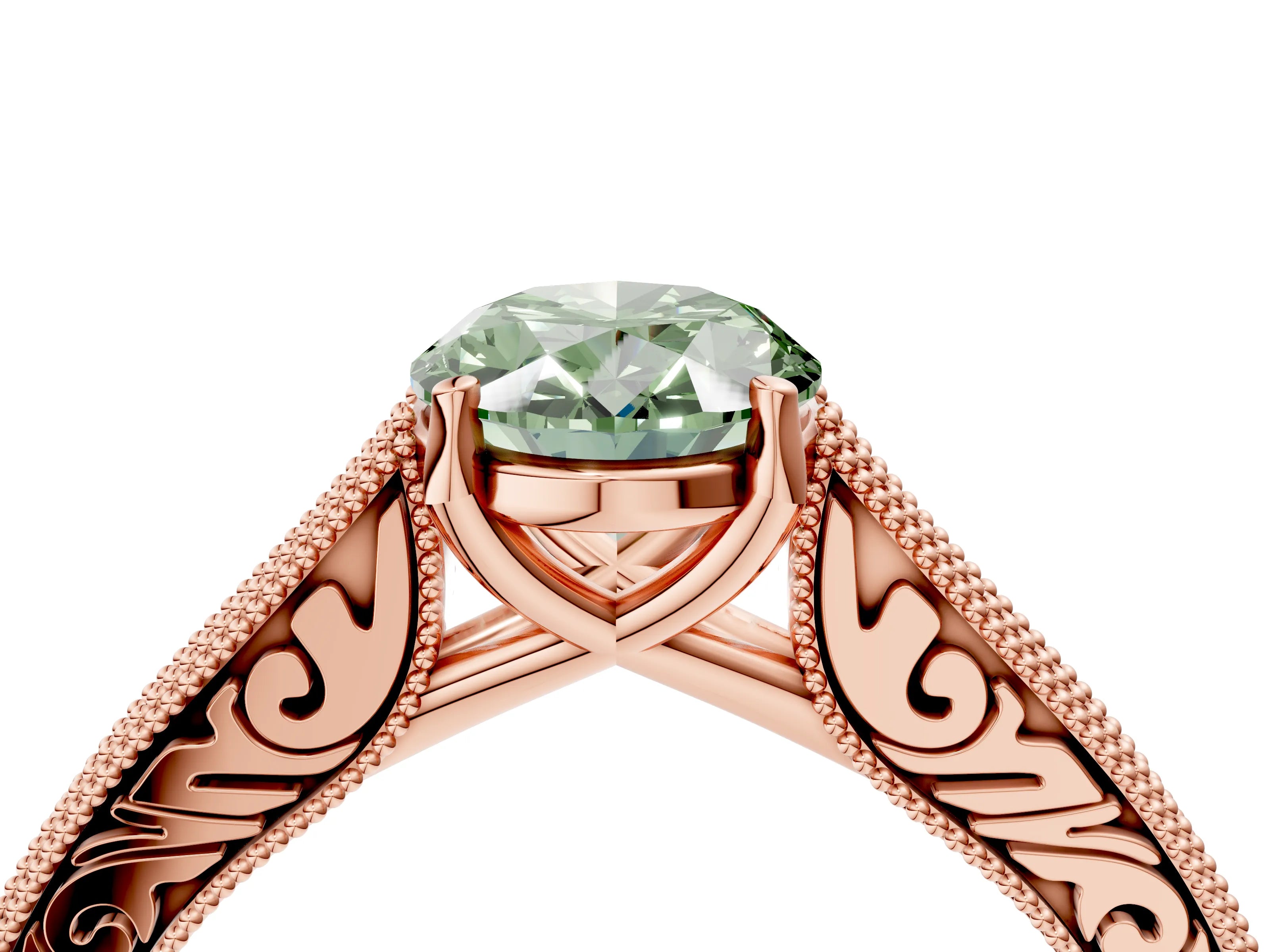 Rose gold Fancy Green Oval Cut Cut Pave Band Milgrain Solitaire Ring_4