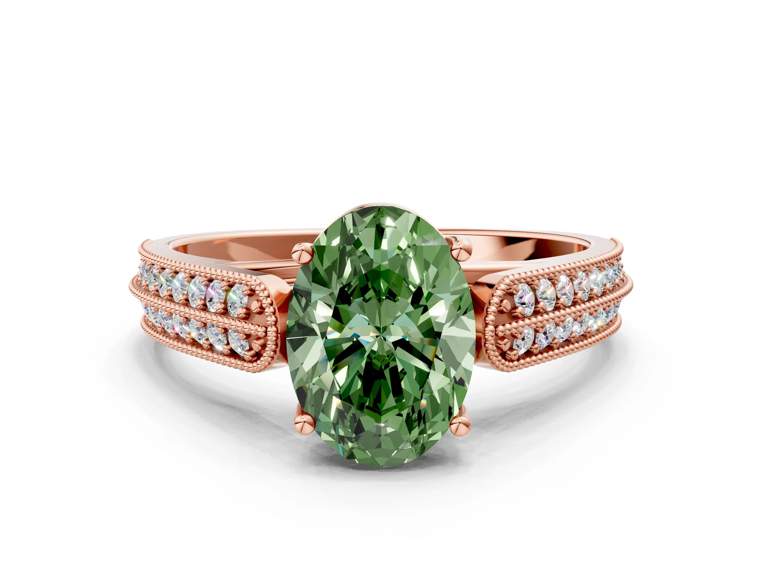 Rose gold Fancy Green Oval Cut Cut Pave Split Shank Engagement Ring with Four-Prong Setting