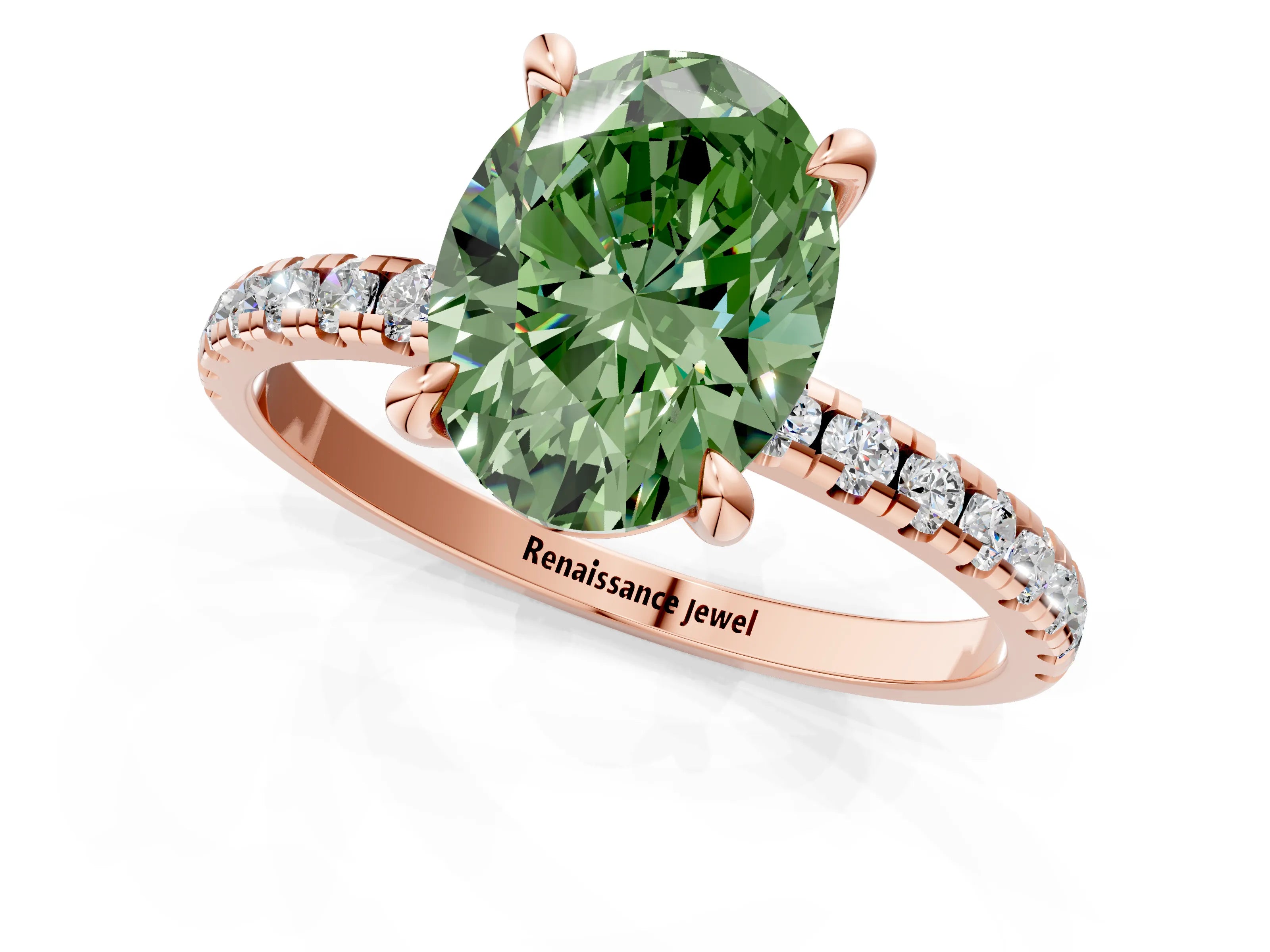 Rose gold Fancy Green Oval Cut Diamond Brilliant Solitaire Ring with Pavé Band and Four-Prong Setting_1