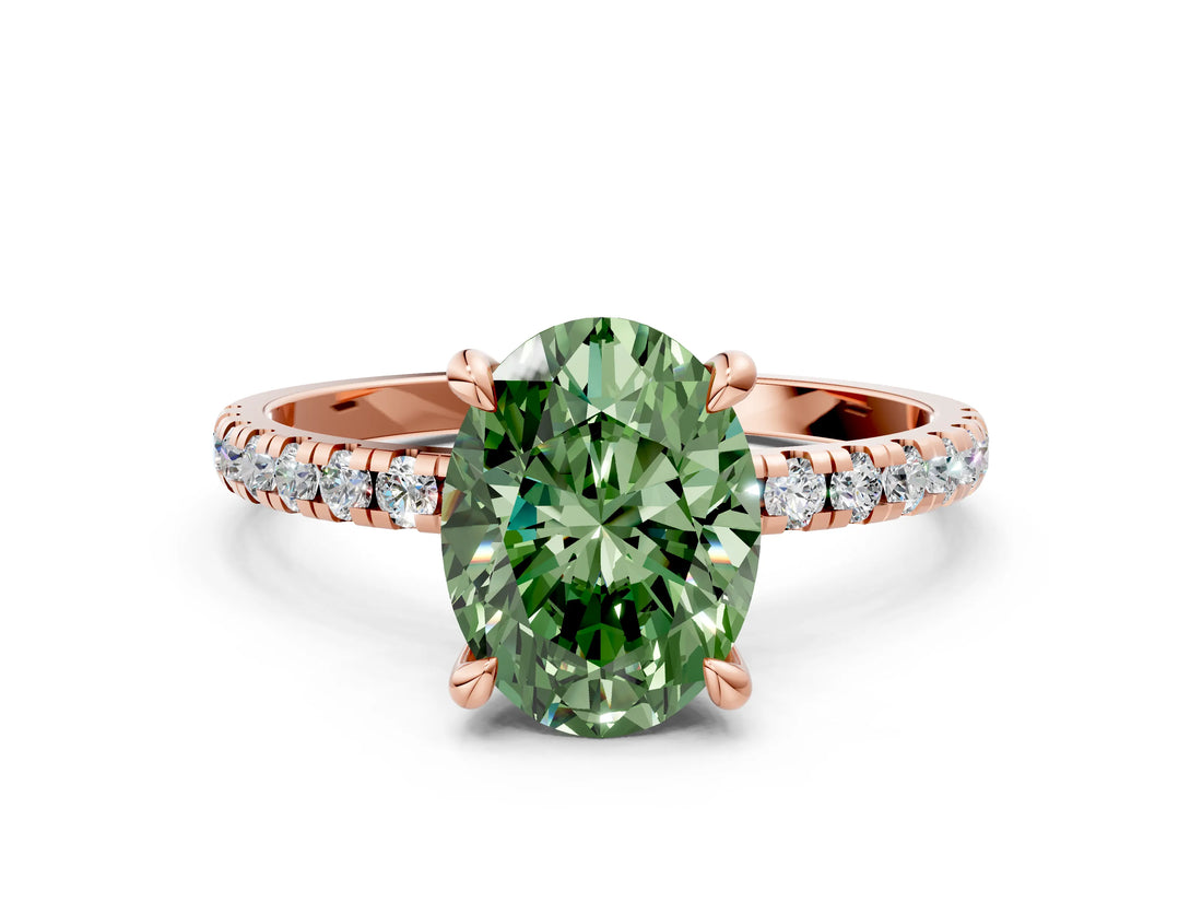Rose gold Fancy Green Oval Cut Diamond Brilliant Solitaire Ring with Pavé Band and Four-Prong Setting_12