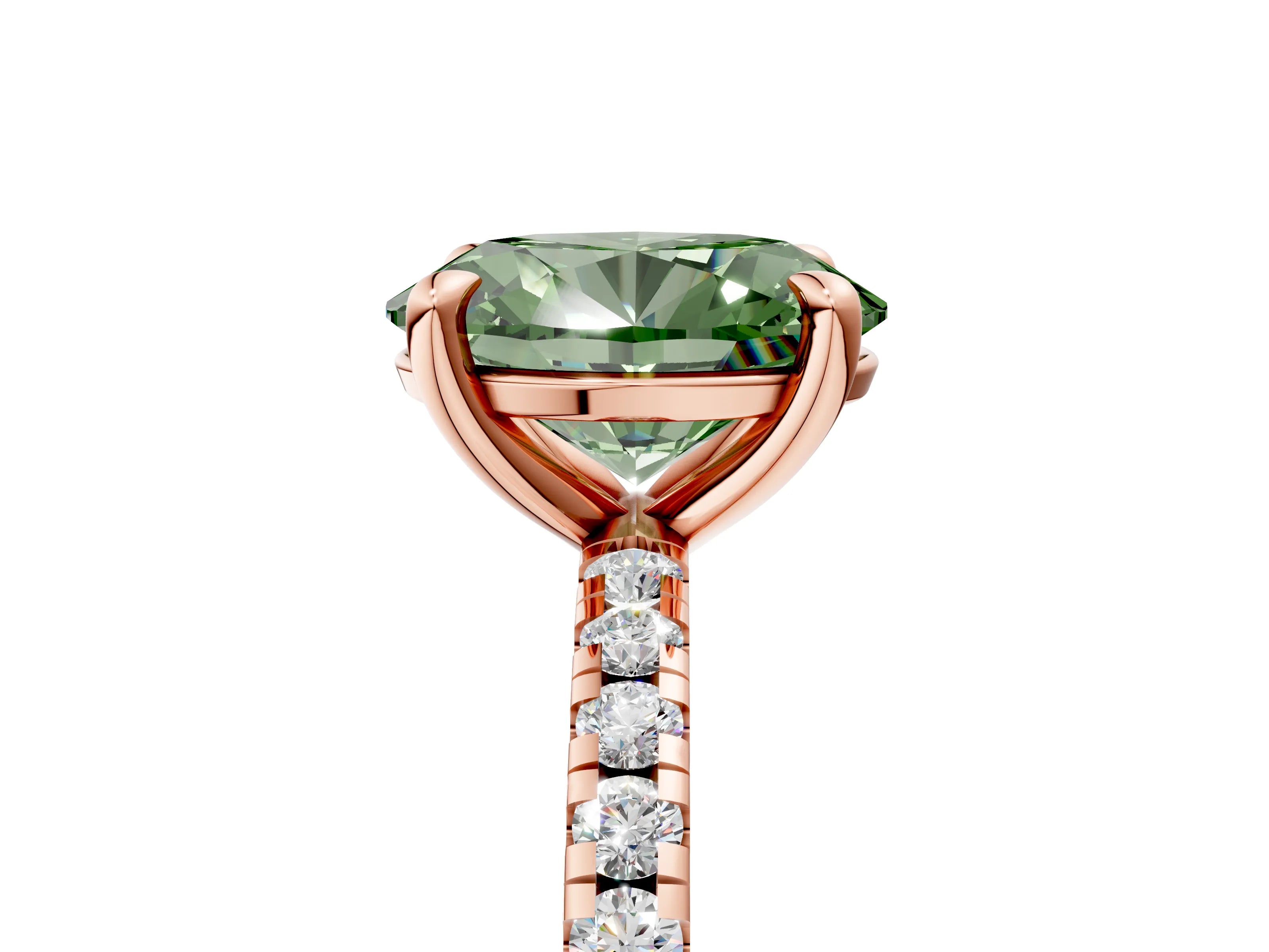 Rose gold Fancy Green Oval Cut Diamond Brilliant Solitaire Ring with Pavé Band and Four-Prong Setting_5