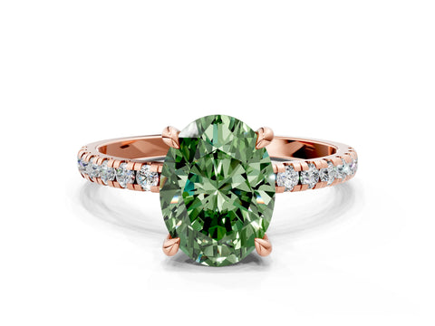 Rose gold Fancy Green Oval Cut Diamond Brilliant Solitaire Ring with Pavé Band and Four-Prong Setting