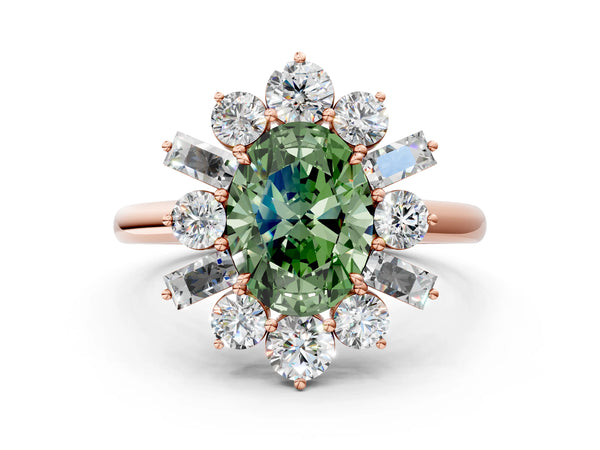 Rose gold Fancy Green Oval Cut Diamond Cluster Ring with Round and Baguette Stones, Split Shank Band, Prong Setting