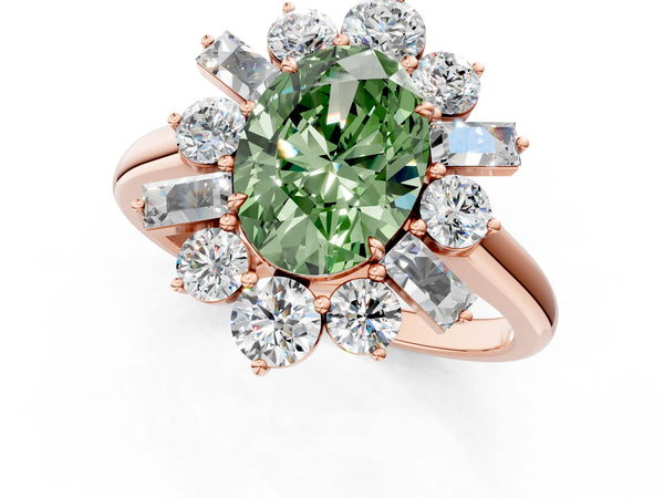 Rose gold Fancy Green Oval Cut Diamond Cluster Ring with Round and Baguette Stones, Split Shank Band, Prong Setting