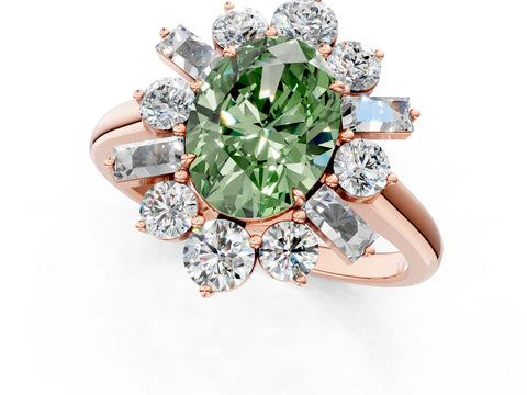 Rose gold Fancy Green Oval Cut Diamond Cluster Ring with Round and Baguette Stones, Split Shank Band, Prong Setting_1