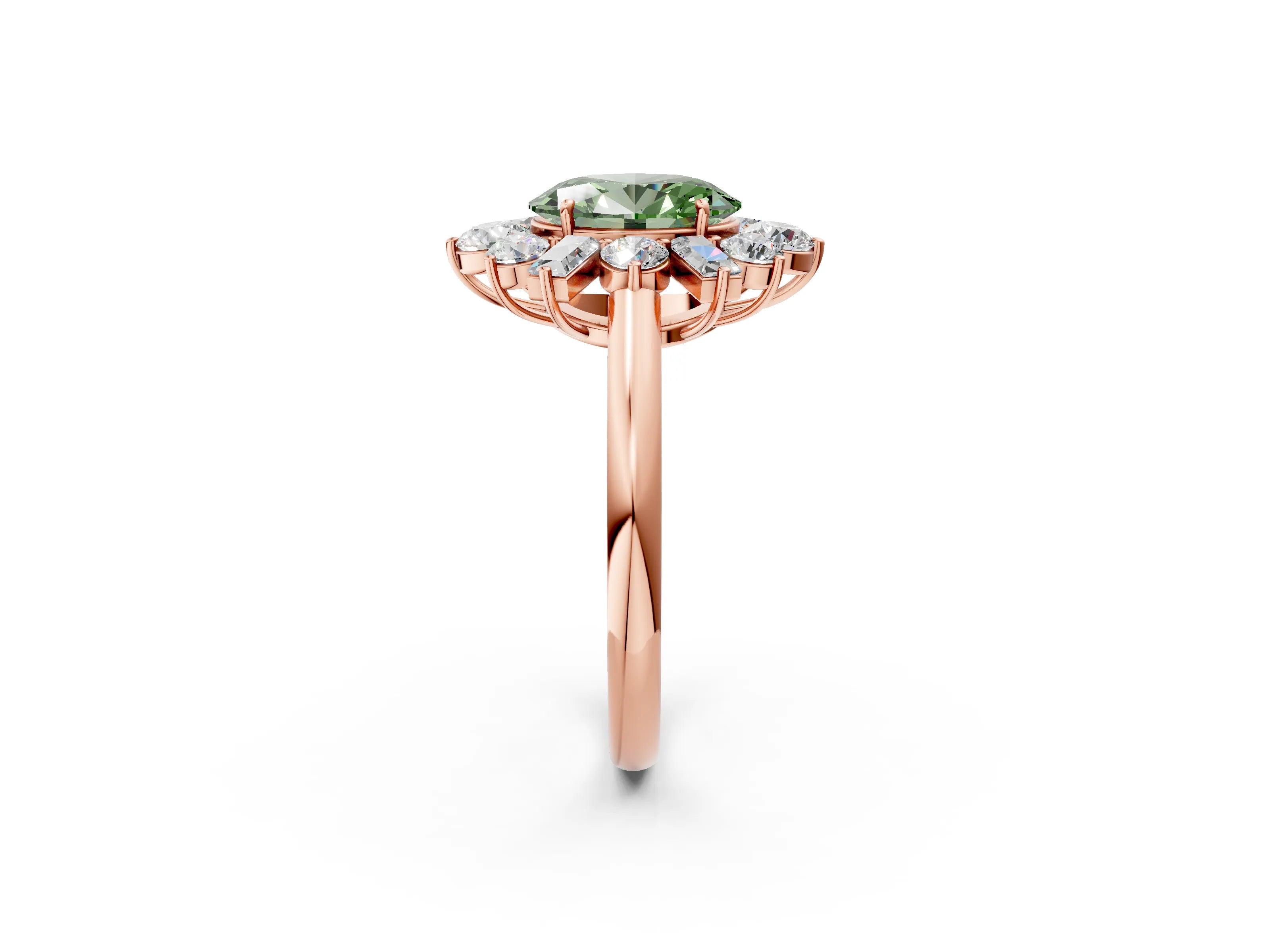 Rose gold Fancy Green Oval Cut Diamond Cluster Ring with Round and Baguette Stones, Split Shank Band, Prong Setting_2