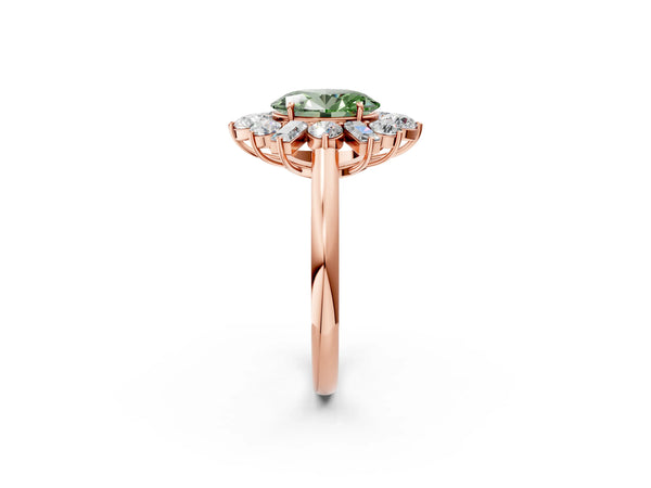 Rose gold Fancy Green Oval Cut Diamond Cluster Ring with Round and Baguette Stones, Split Shank Band, Prong Setting
