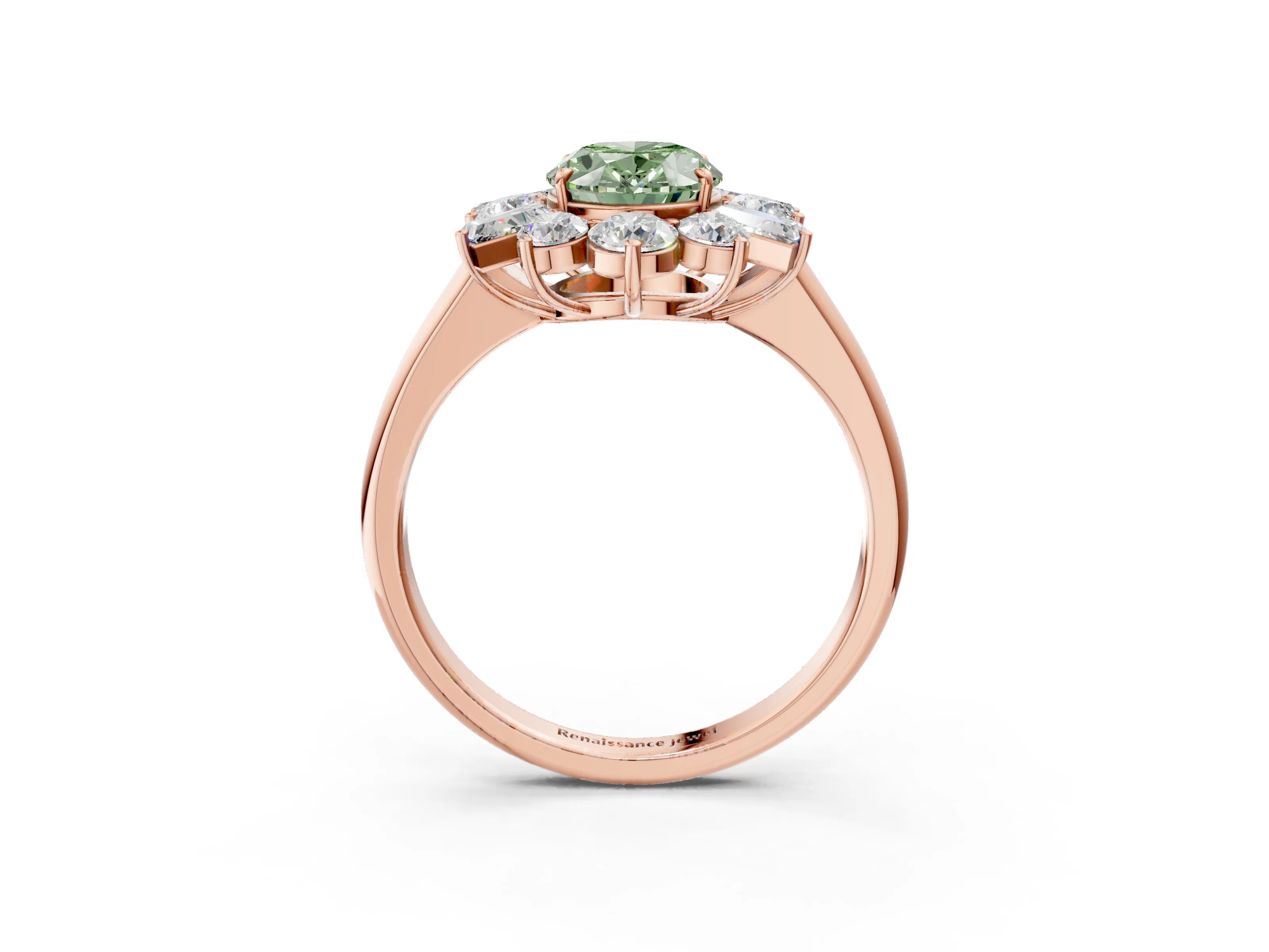 Rose gold Fancy Green Oval Cut Diamond Cluster Ring with Round and Baguette Stones, Split Shank Band, Prong Setting_3
