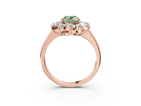 Rose gold Fancy Green Oval Cut Diamond Cluster Ring with Round and Baguette Stones, Split Shank Band, Prong Setting