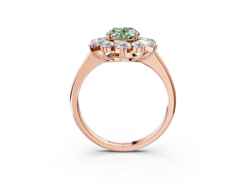 Rose gold Fancy Green Oval Cut Diamond Cluster Ring with Round and Baguette Stones, Split Shank Band, Prong Setting_3
