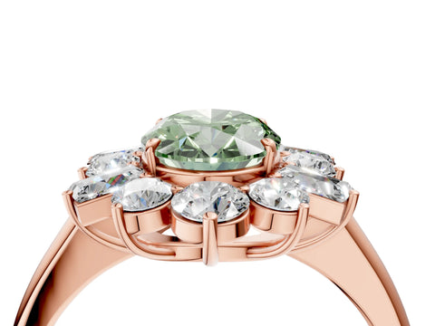 Rose gold Fancy Green Oval Cut Diamond Cluster Ring with Round and Baguette Stones, Split Shank Band, Prong Setting_4