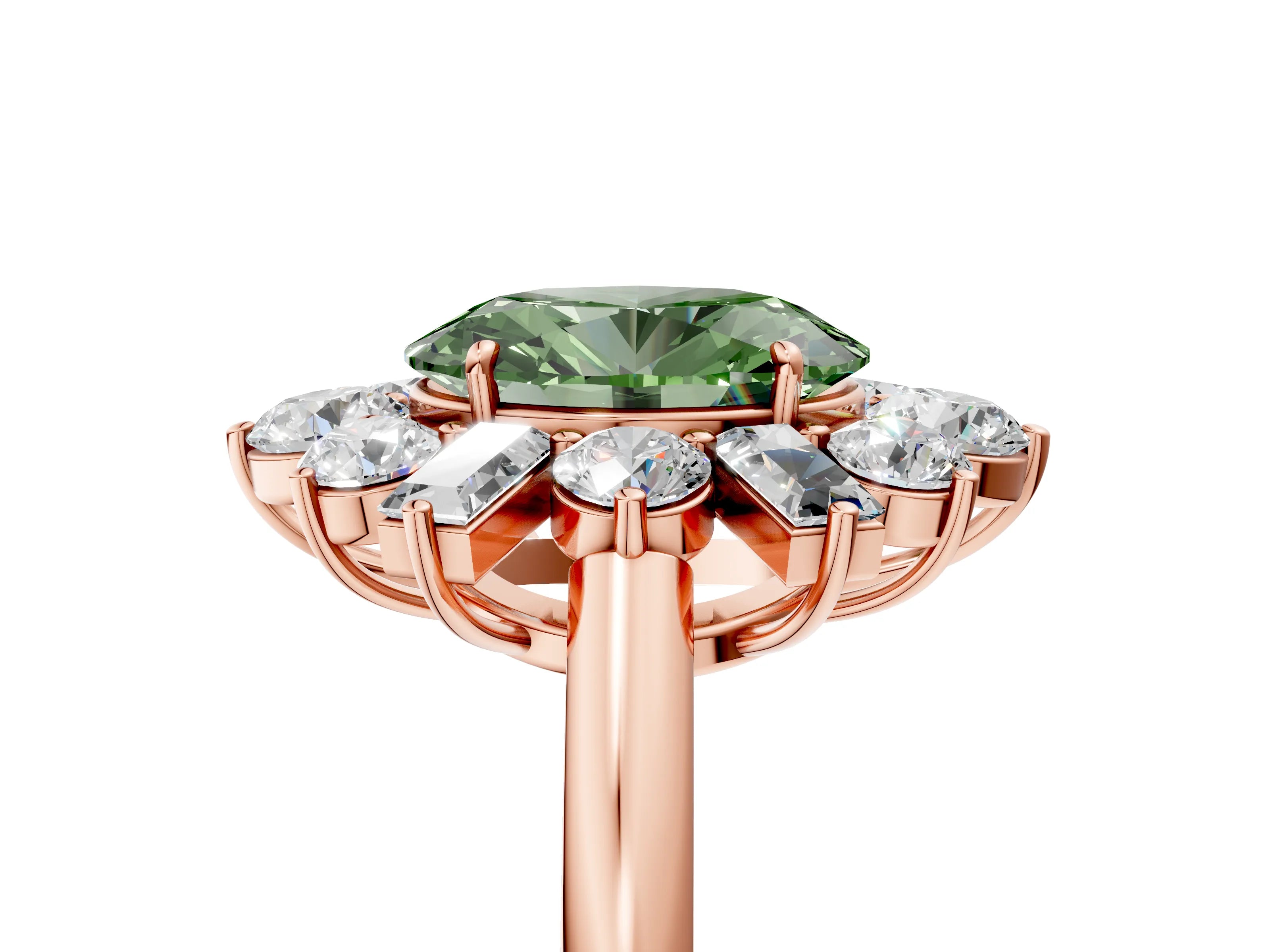 Rose gold Fancy Green Oval Cut Diamond Cluster Ring with Round and Baguette Stones, Split Shank Band, Prong Setting_5