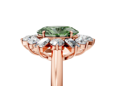 Rose gold Fancy Green Oval Cut Diamond Cluster Ring with Round and Baguette Stones, Split Shank Band, Prong Setting_5