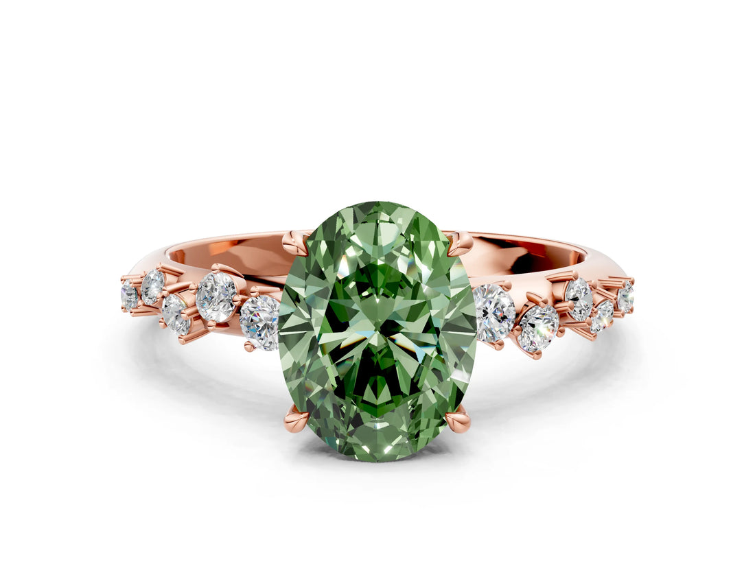Rose gold Fancy Green Oval Cut Diamond Cluster Side Stone Solitaire Ring with Prong Setting_71