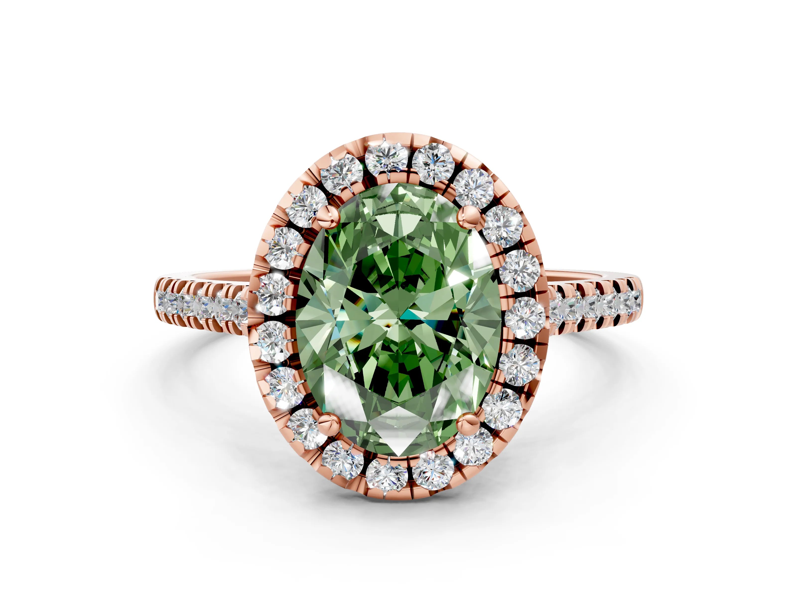 Rose gold Fancy Green Oval Cut Diamond Cushion Halo Ring with Pavé Band