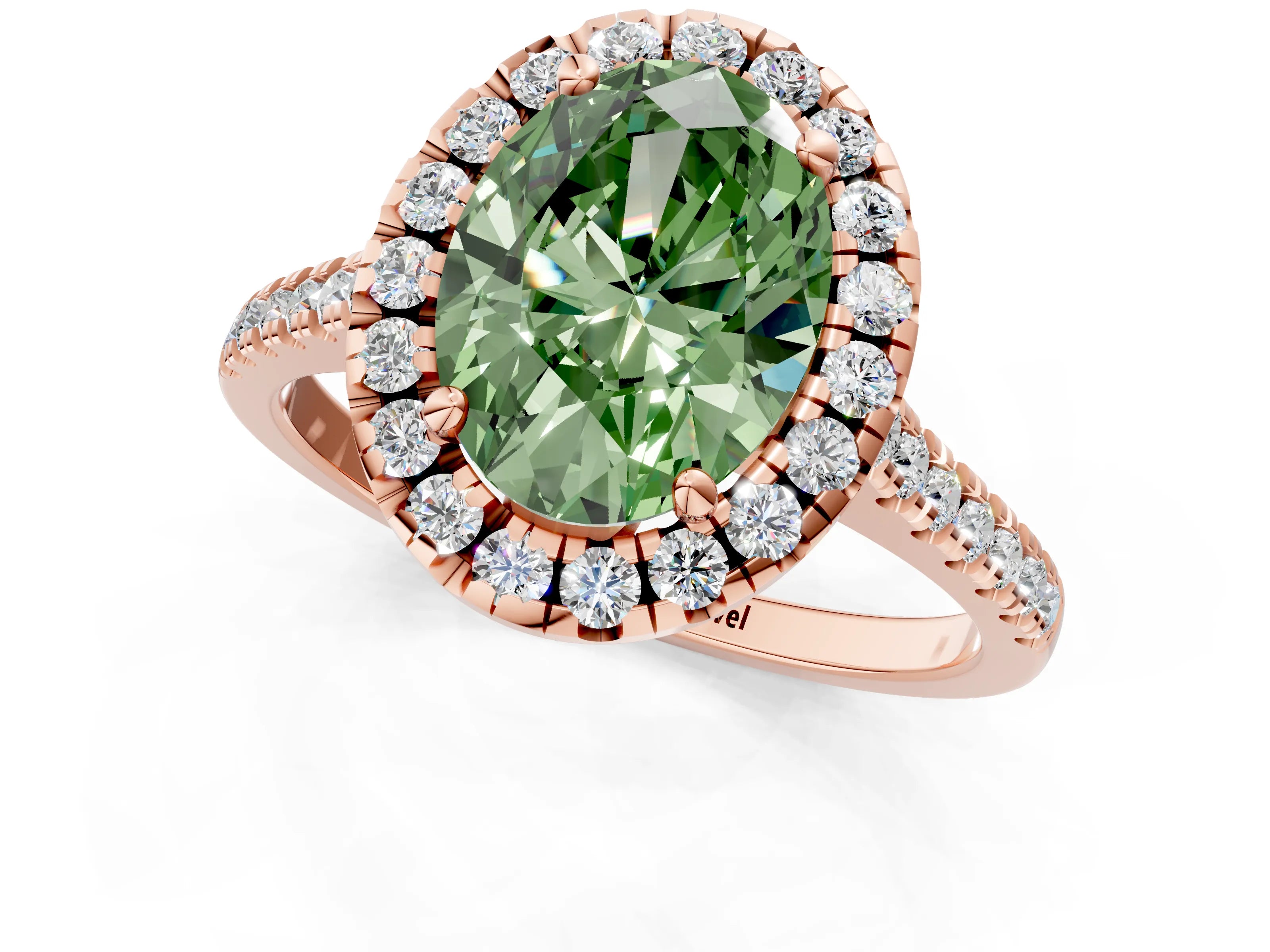 Rose gold Fancy Green Oval Cut Diamond Cushion Halo Ring with Pavé Band_1