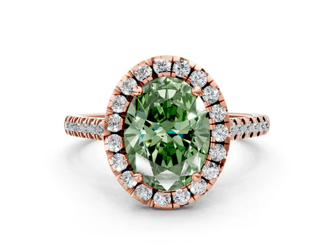 Rose gold Fancy Green Oval Cut Diamond Cushion Halo Ring with Pavé Band