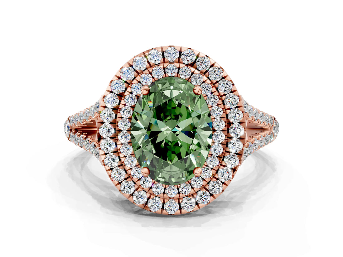 Rose gold Fancy Green Oval Cut Diamond Double Halo Ring with Pavé Band and Prong Setting_58