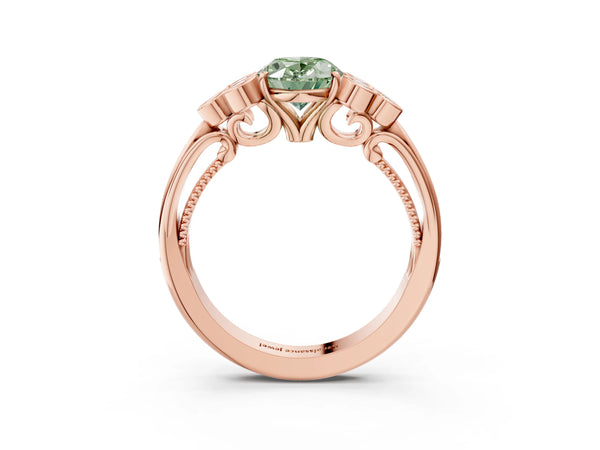 Rose Gold Oval Engagement Ring Setting for Fancy Green Center with Bezel-Set Shoulder Clusters