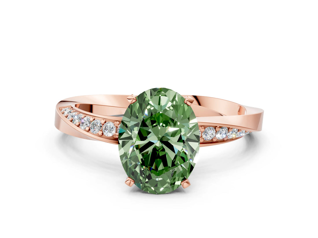 Rose gold Fancy Green Oval Cut Diamond Engagement Ring with Side Stone Accents and Four-Prong Setting_12