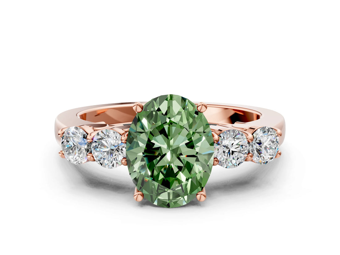 Rose gold Fancy Green Oval  Cut Diamond Five-Stone Prong Set White Gold Ring_32