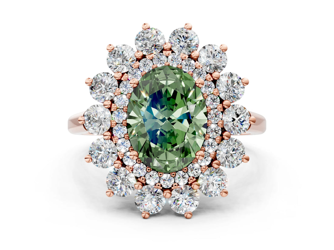 Rose gold Fancy Green Oval Cut Diamond Floral Double Halo Engagement Ring with Prong Setting_24