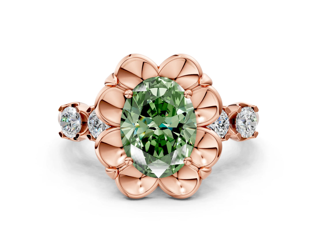 Rose gold Fancy Green Oval  Cut Diamond Floral Halo Engagement Ring with Shared Prong Setting