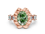 Rose gold Fancy Green Oval  Cut Diamond Floral Halo Engagement Ring with Shared Prong Setting