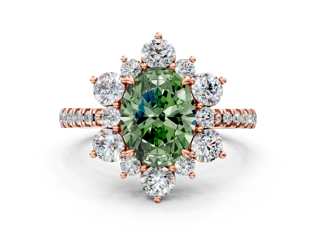 Rose gold Fancy Green Oval  Cut Diamond Floral Halo Pave Band with Prong Setting_37