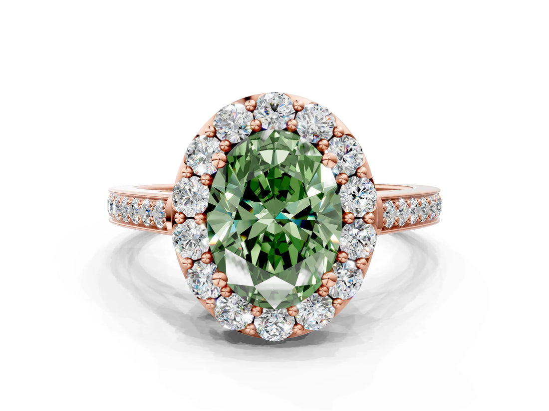 Rose gold Fancy Green Oval Cut Diamond Floral Halo Ring with Pavé Band and Prong Setting_3