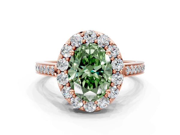 Rose gold Fancy Green Oval Cut Diamond Floral Halo Ring with Pavé Band and Prong Setting