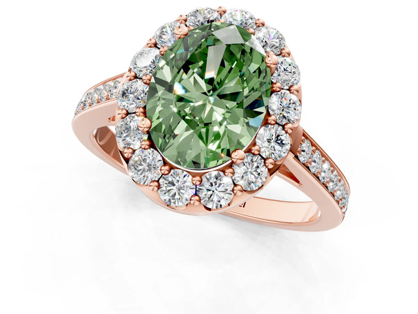 Rose gold Fancy Green Oval Cut Diamond Floral Halo Ring with Pavé Band and Prong Setting