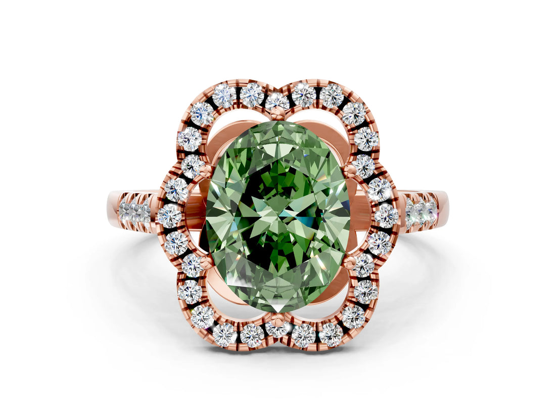 Rose gold Fancy Green Oval Cut Diamond Floral Halo Split Shank Prong Setting Ring