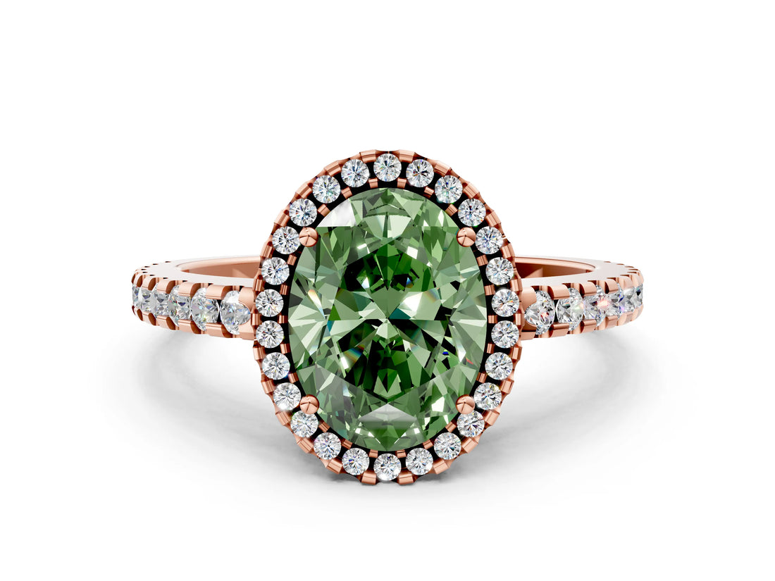 Rose gold Fancy Green Oval Cut Diamond Halo Engagement Ring with Pavé Band and Prong Setting_27