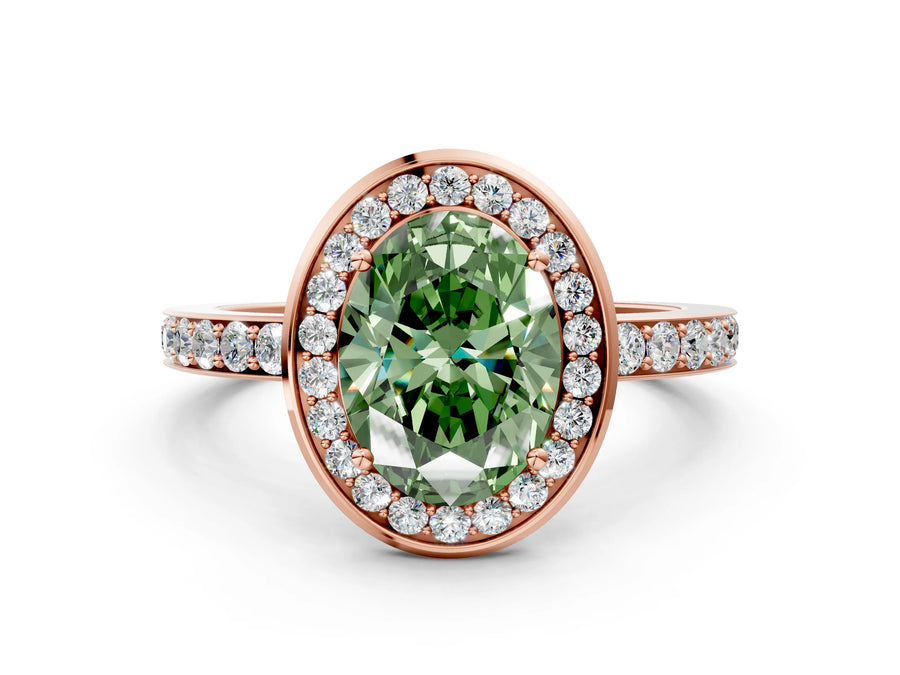 Rose gold Fancy Green Oval Cut Diamond Halo Ring with Bezel Frame and Pavé Band