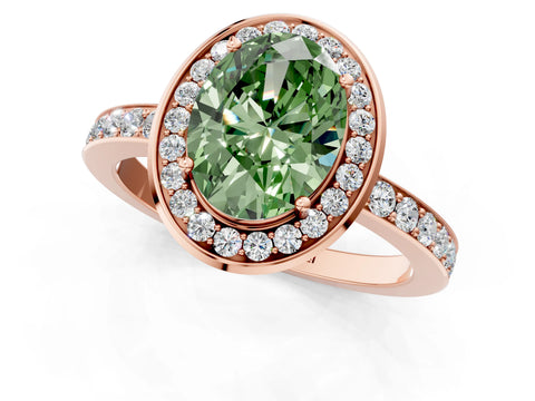 Rose gold Fancy Green Oval Cut Diamond Halo Ring with Bezel Frame and Pavé Band_1