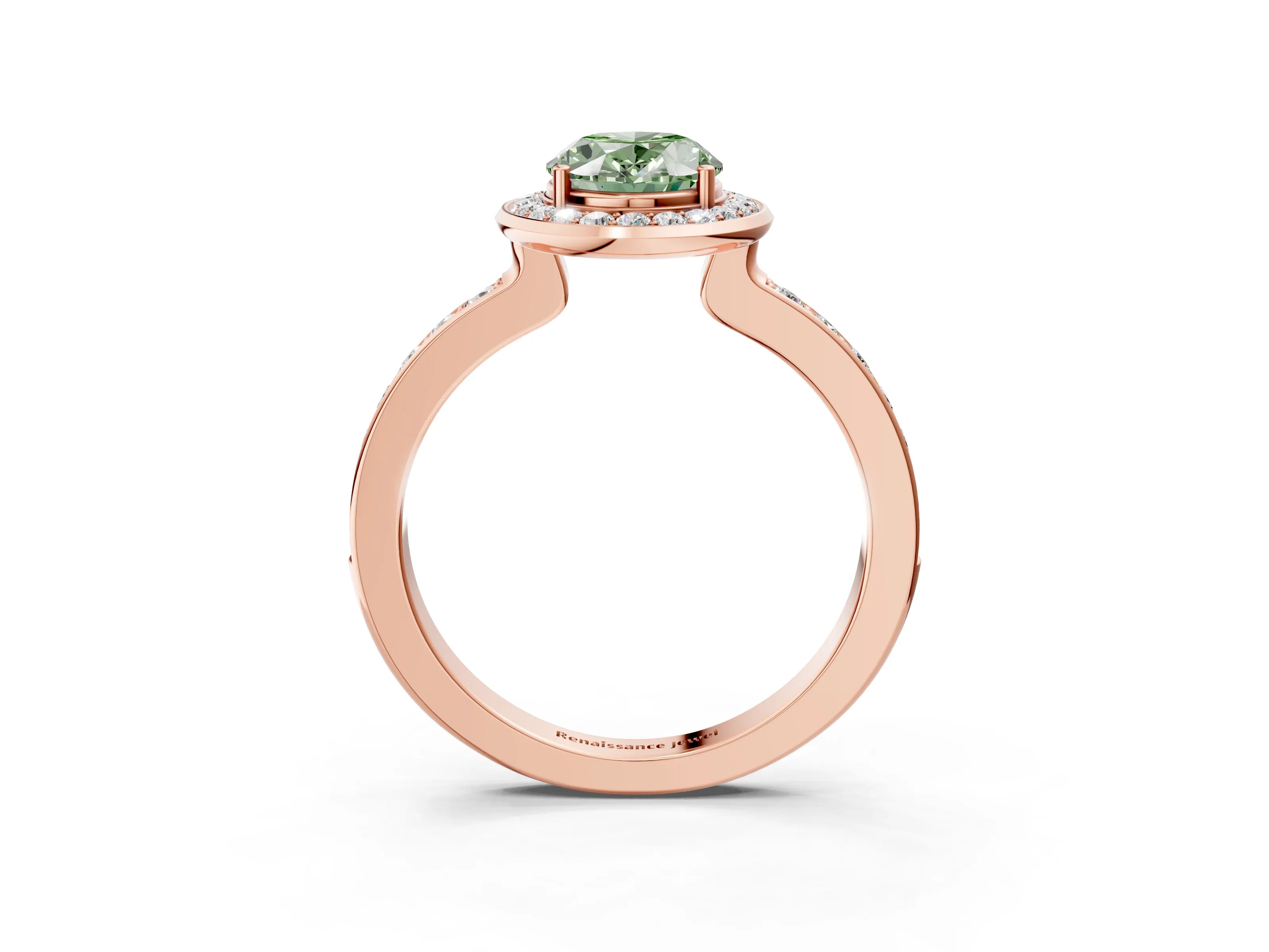 Rose gold Fancy Green Oval Cut Diamond Halo Ring with Bezel Frame and Pavé Band_3
