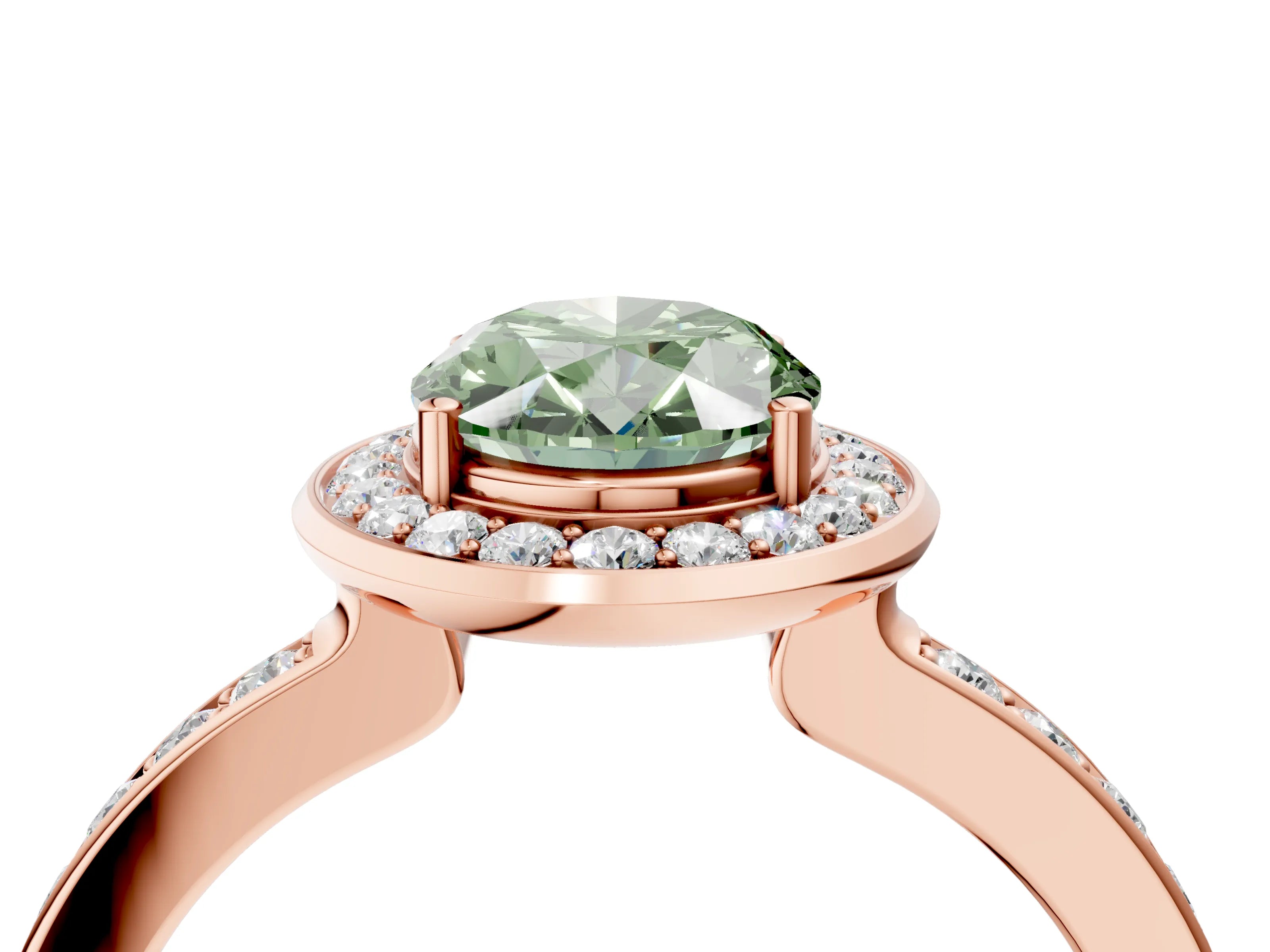 Rose gold Fancy Green Oval Cut Diamond Halo Ring with Bezel Frame and Pavé Band_4