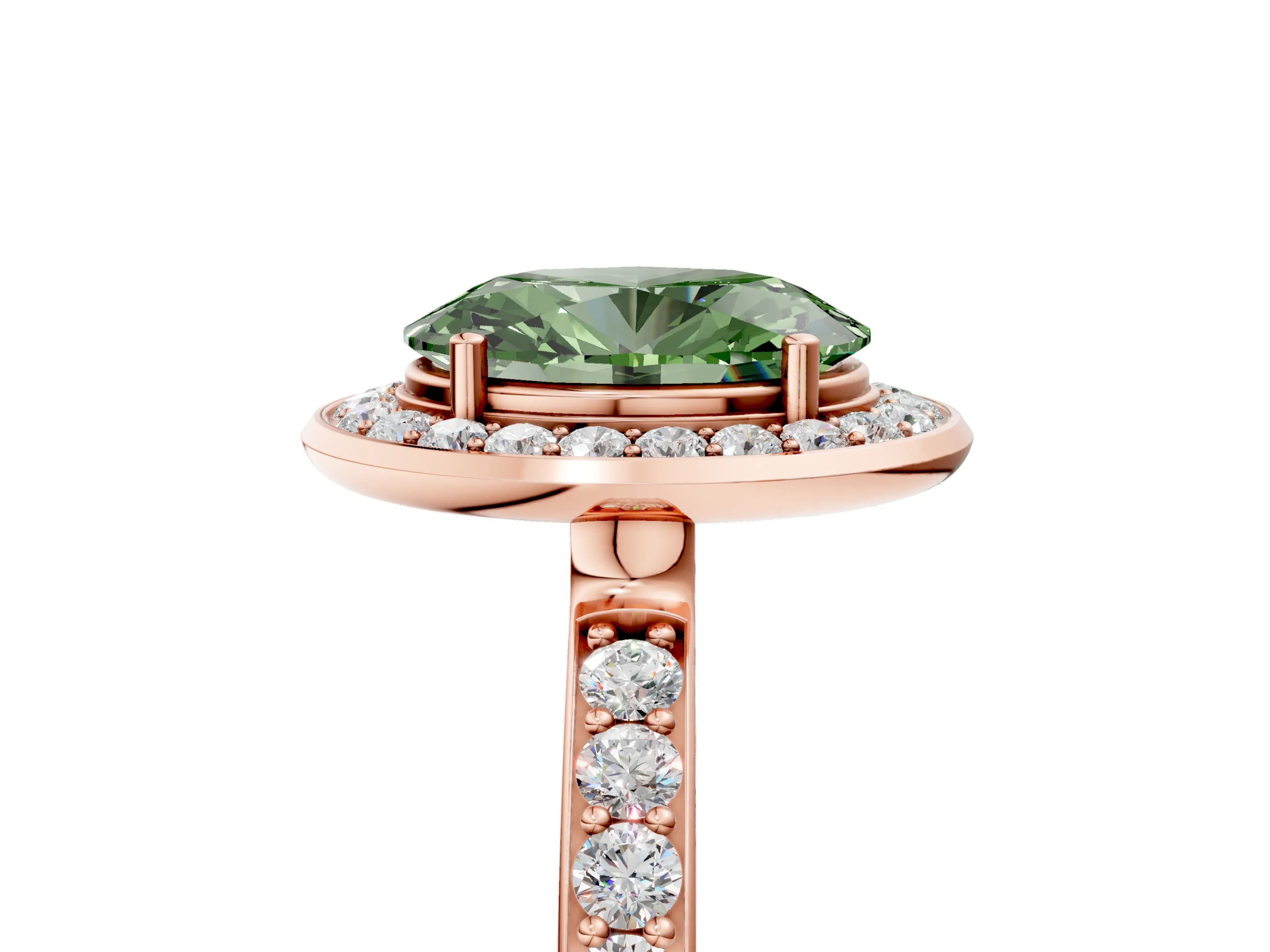 Rose gold Fancy Green Oval Cut Diamond Halo Ring with Bezel Frame and Pavé Band_5