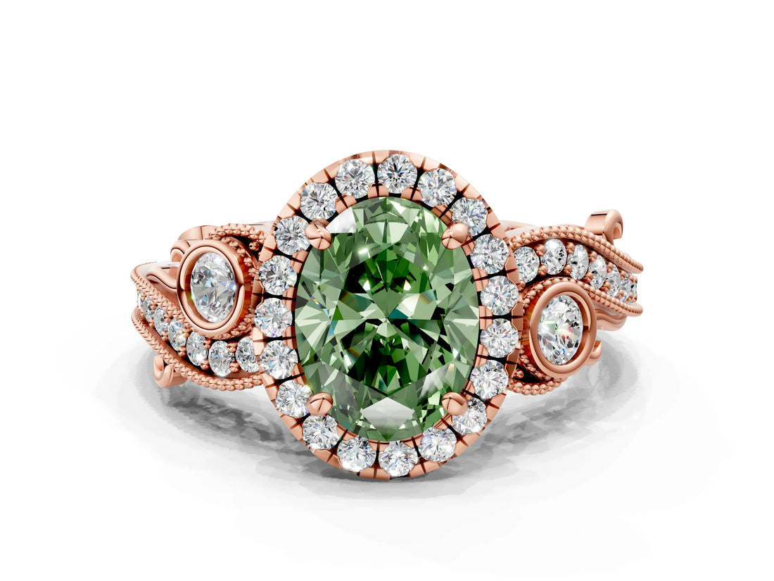 Rose gold Fancy Green Oval Cut Diamond Halo Ring with Milgrain Pavé Band and Four-Prong Setting_71