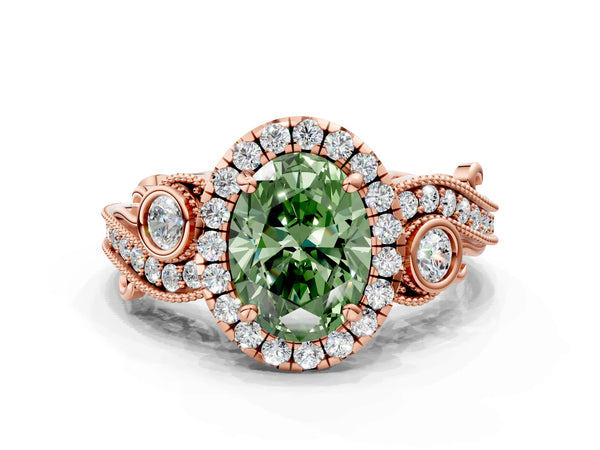 Rose gold Fancy Green Oval Cut Diamond Halo Ring with Milgrain Pavé Band and Four-Prong Setting