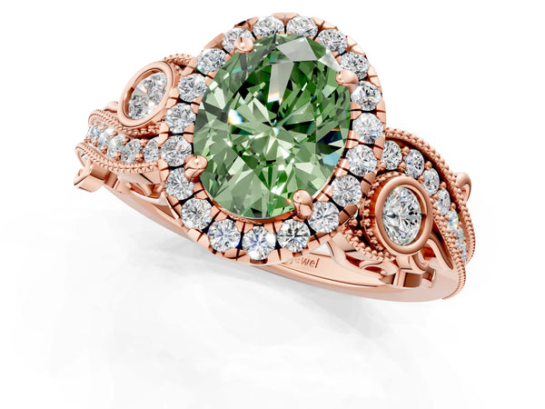 Rose gold Fancy Green Oval Cut Diamond Halo Ring with Milgrain Pavé Band and Four-Prong Setting