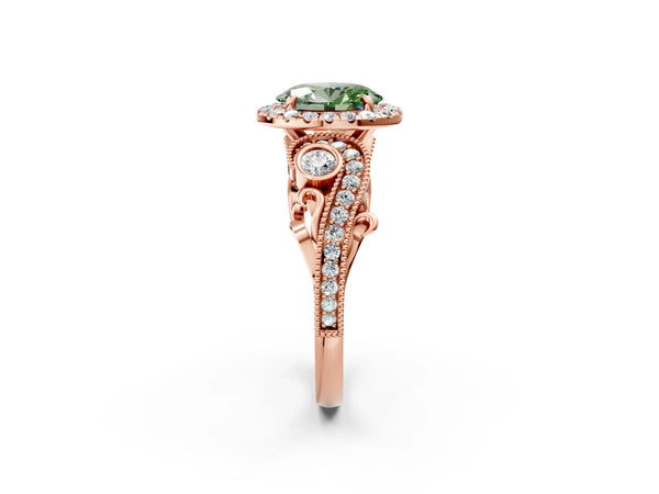 Rose gold Fancy Green Oval Cut Diamond Halo Ring with Milgrain Pavé Band and Four-Prong Setting