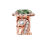 Rose gold Fancy Green Oval Cut Diamond Halo Ring with Milgrain Pavé Band and Four-Prong Setting_76