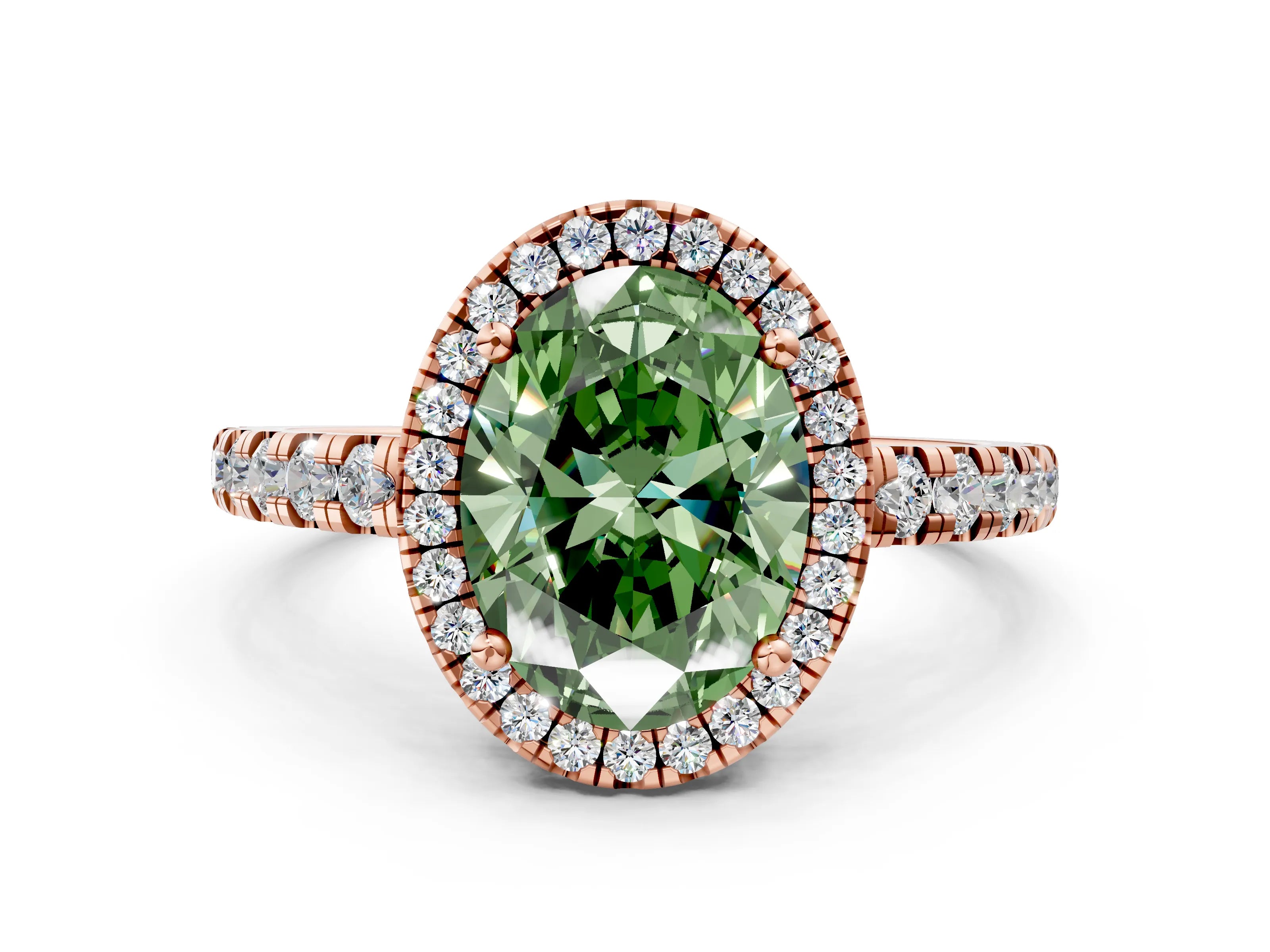 Rose gold Fancy Green Oval Cut Diamond Halo Ring with Pavé Band and Four-Prong Setting
