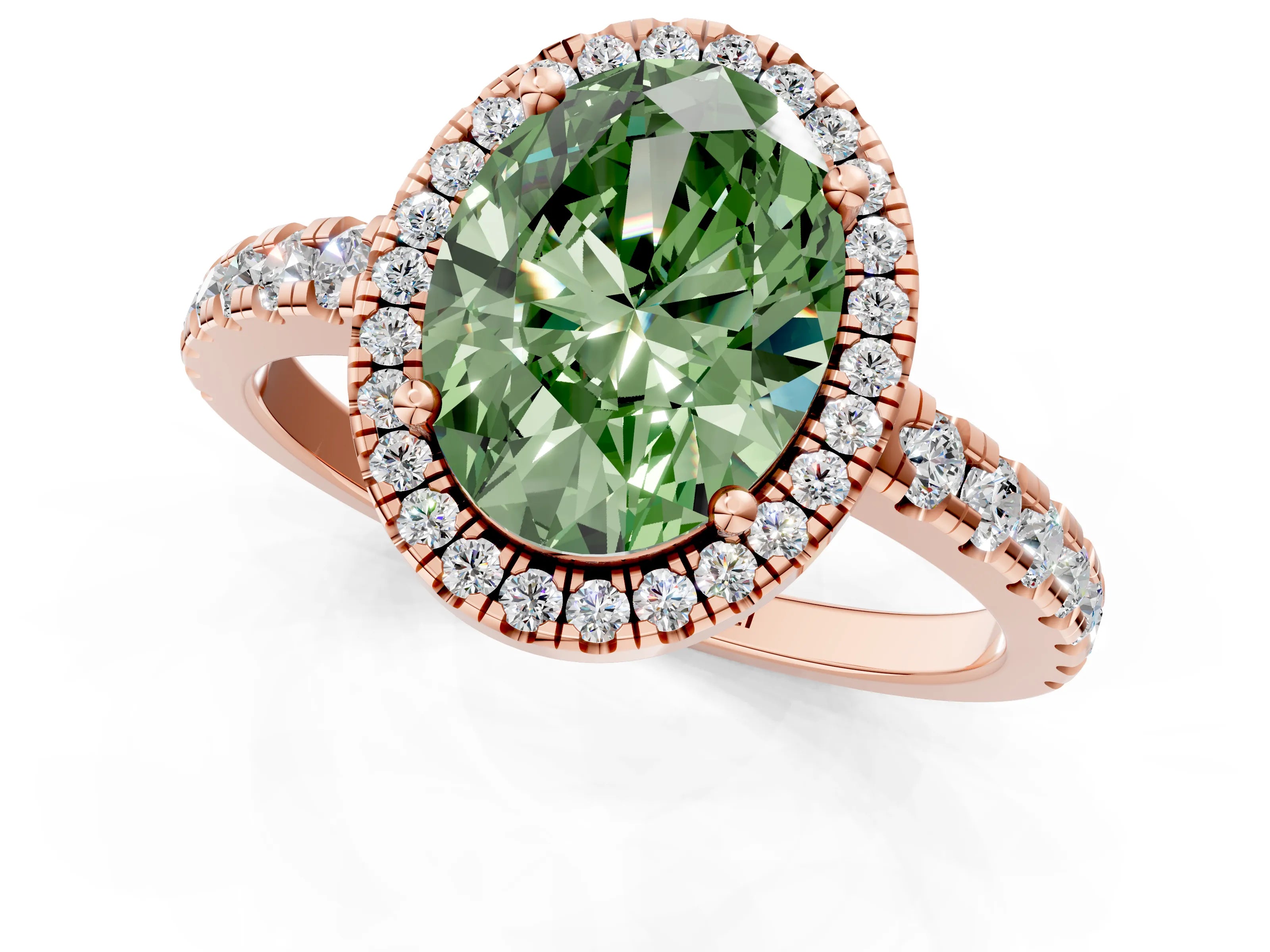Rose gold Fancy Green Oval Cut Diamond Halo Ring with Pavé Band and Four-Prong Setting_1